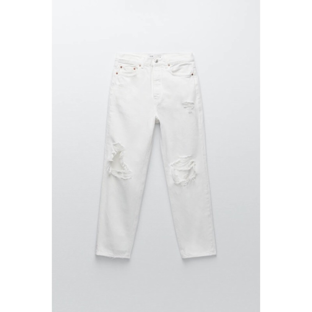 Zara White Straight-Leg Ripped Jeans